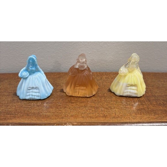 Three Vintage Boyd Art Glass Colonial Woman Doll LOT, Two Iridescents - Picture 1 of 14
